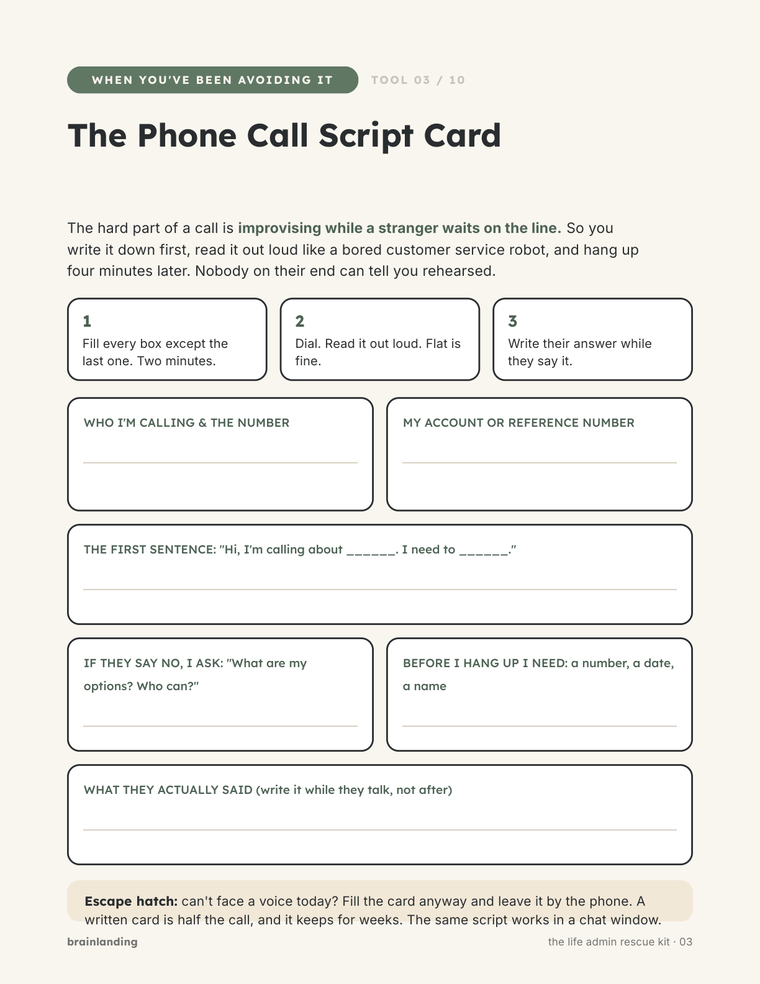 The Phone Call Script Card from The Life Admin Rescue Kit, a printable page with boxes for the number, the first sentence and what they said